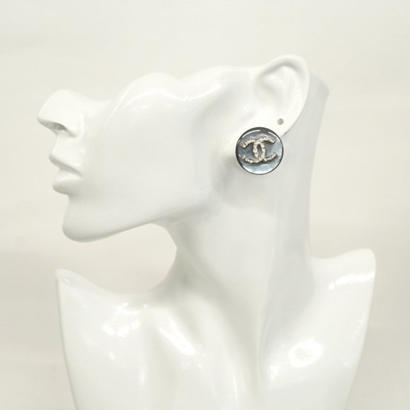 Chanel Earrings Coco Mark Circle Metal Rhinestone Silver Grey Ladies - Picture 6 of 9